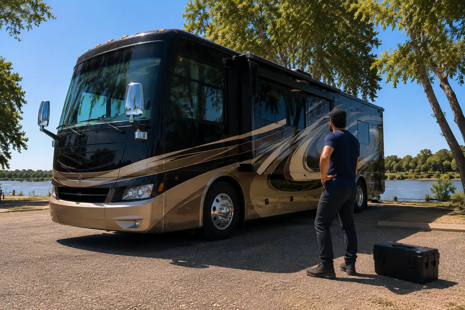 On-site RV mechanic in Sacramento CA servicing a fifth wheel along the American River Parkway