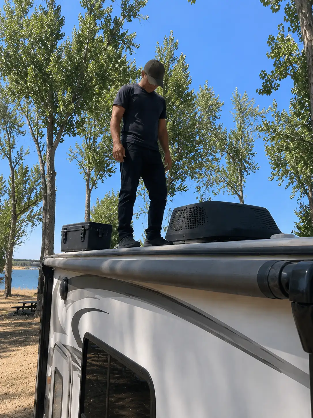 Sacramento RV Air Conditioner Repair On-Site RV AC repair technician servicing rooftop unit at campground near Folsom Lake in Sacramento CA
