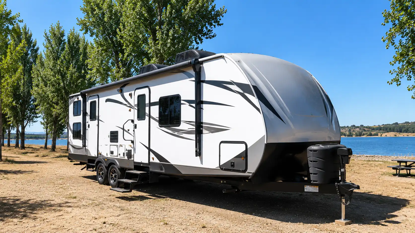 RV AC Repair in Sacramento, CA RV AC repair technician servicing rooftop unit at campground near Folsom Lake in Sacramento CA