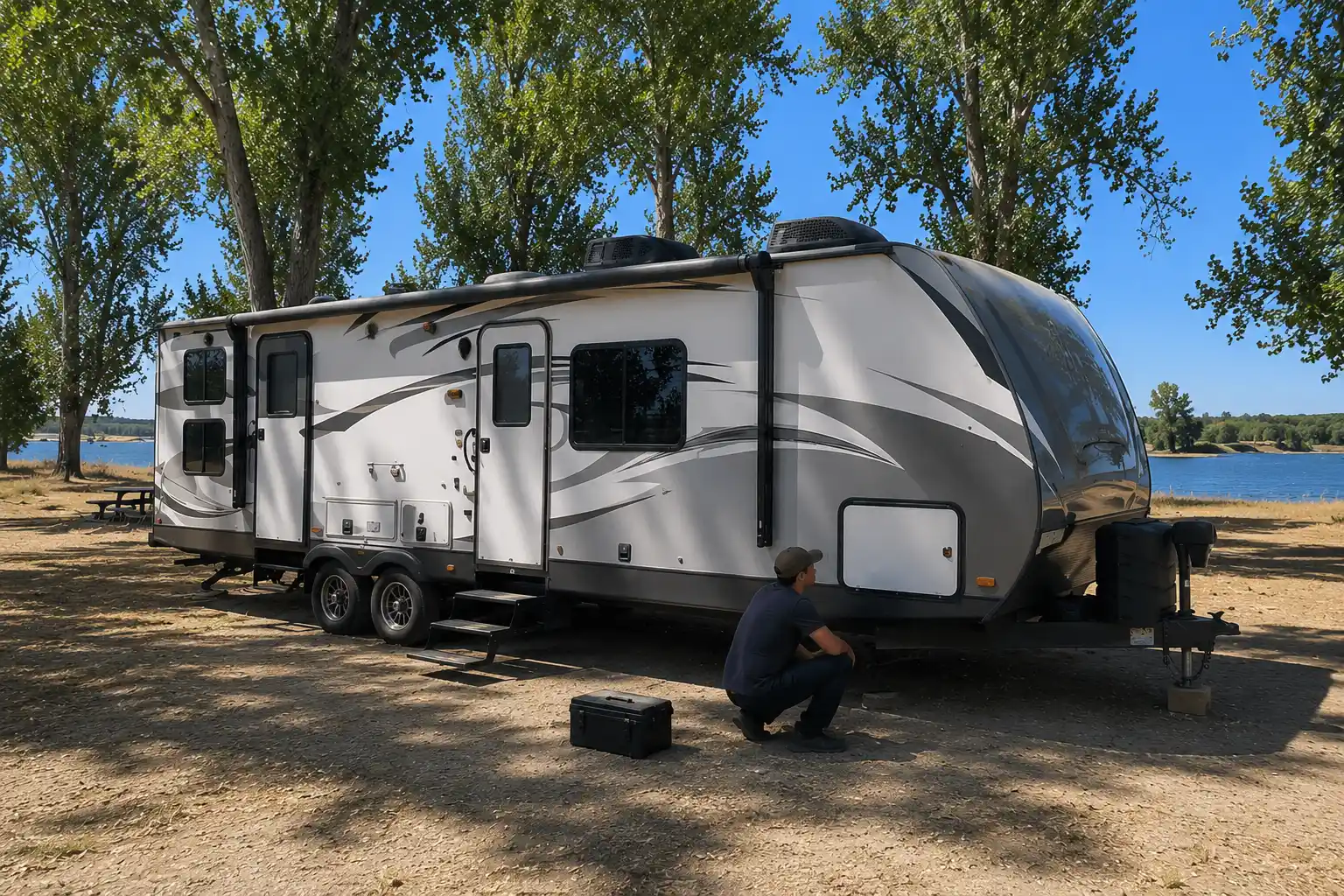 On-Site RV AC Repair Service Sacramento CA Mobile RV technician diagnosing AC system on travel trailer in Sacramento California
