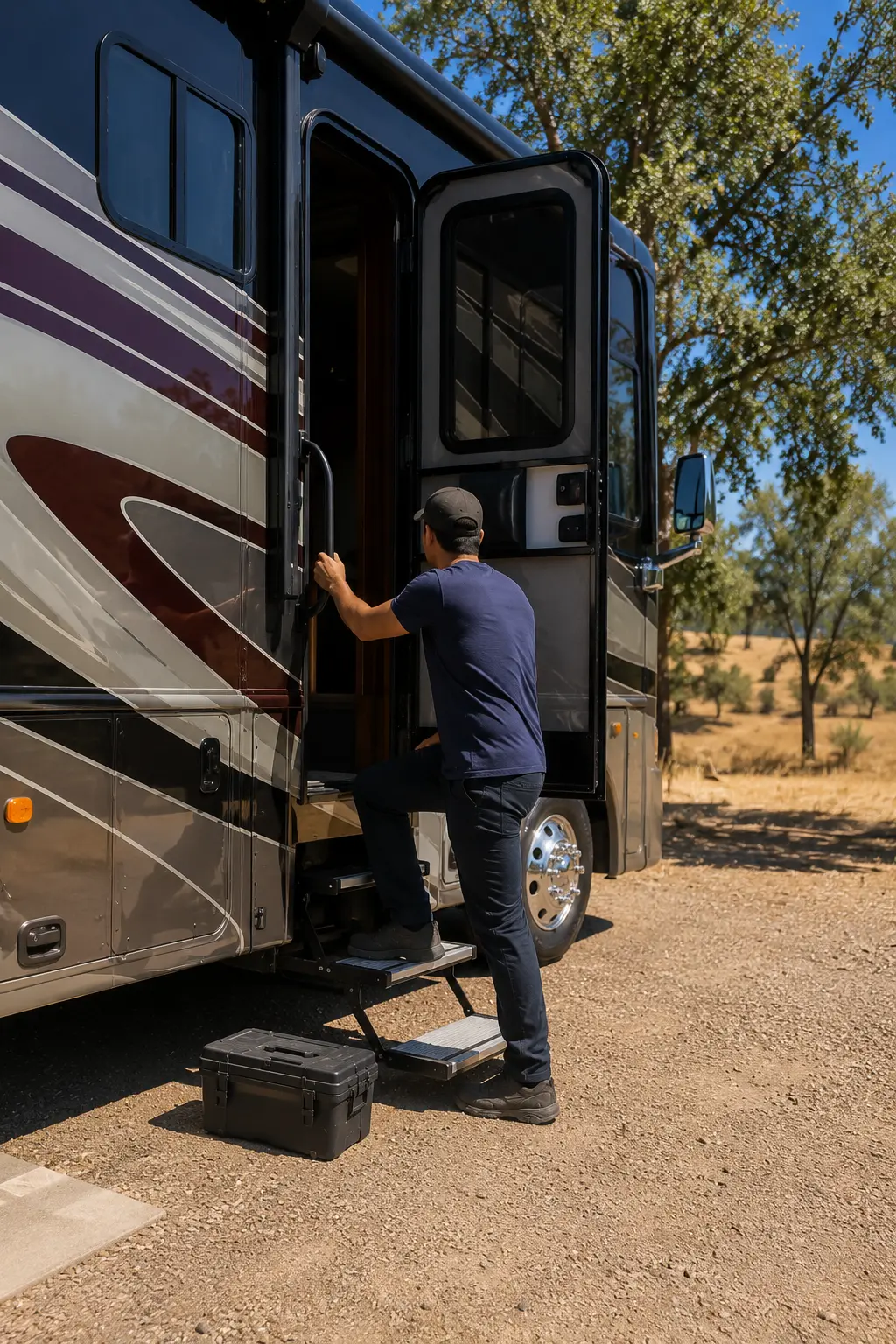 Sacramento RV Appliance Repair On-Site RV appliance repair technician servicing Dometic refrigerator at campground in Sacramento CA
