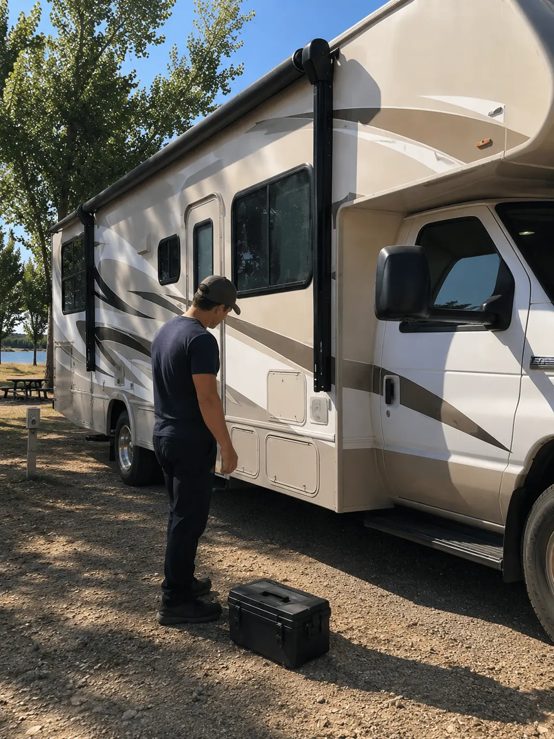 Sacramento RV Electrical Repair On-Site RV electrical repair technician diagnosing wiring fault at RV park near Sacramento CA off I-80