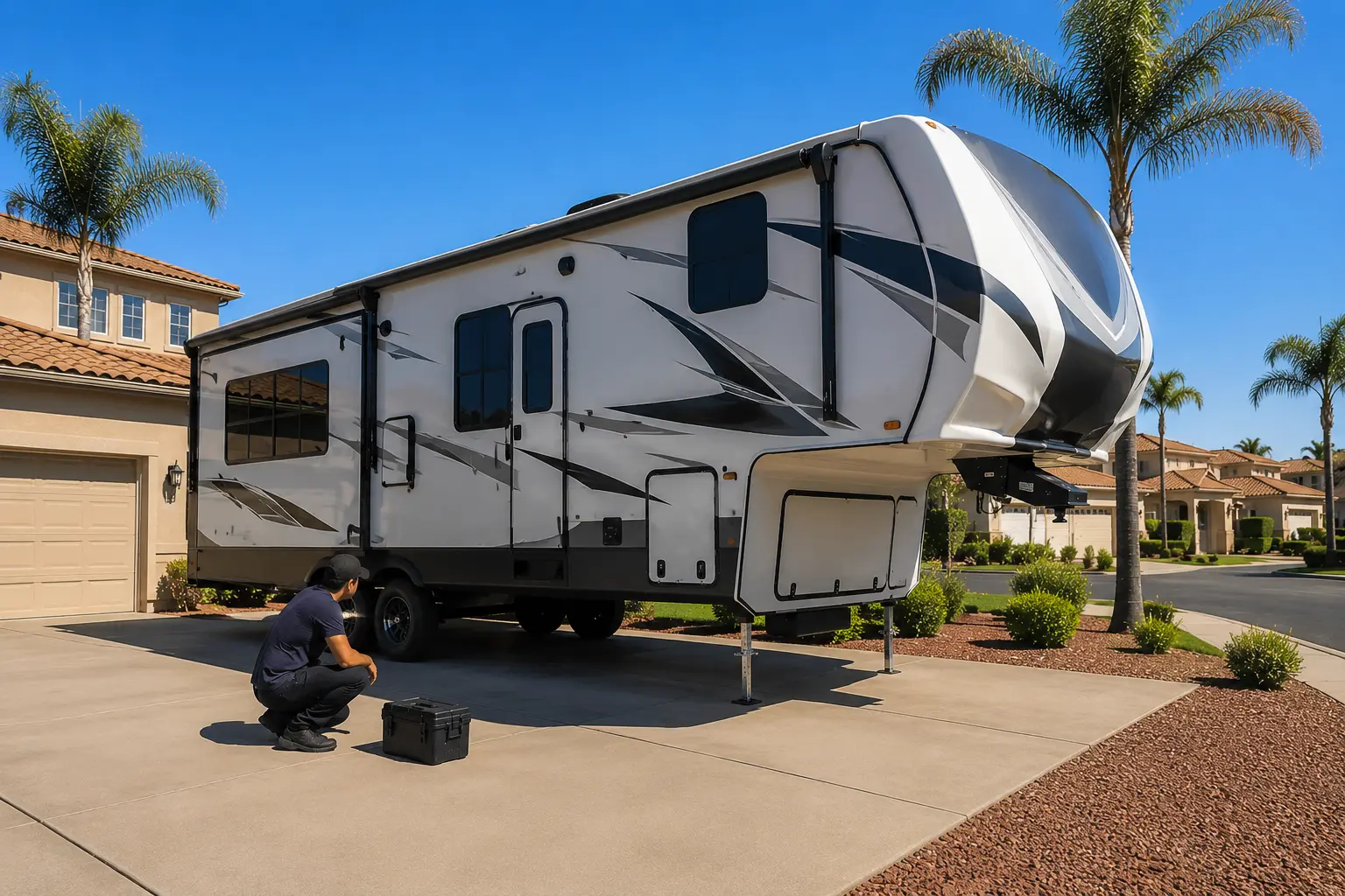 On-Site RV Water Leak Repair Service Sacramento CA Mobile RV technician repairing water pump and fresh water lines in Sacramento California