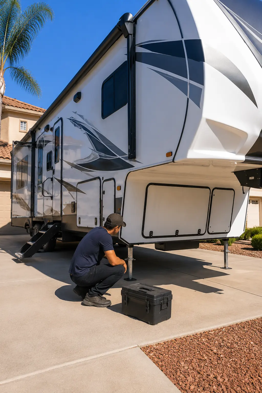 Sacramento RV Plumbing and Leak Repair On-Site RV plumbing repair technician fixing water leak under travel trailer at campground in Sacramento CA