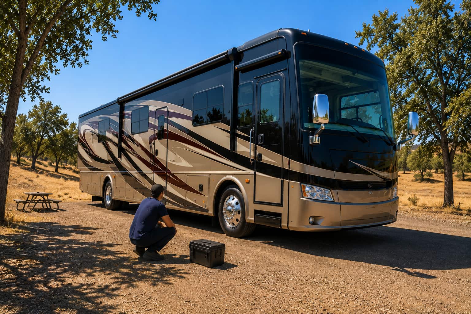 On-Site RV Refrigerator and Appliance Repair Sacramento CA Mobile RV technician diagnosing Norcold fridge and furnace at storage facility in Sacramento California