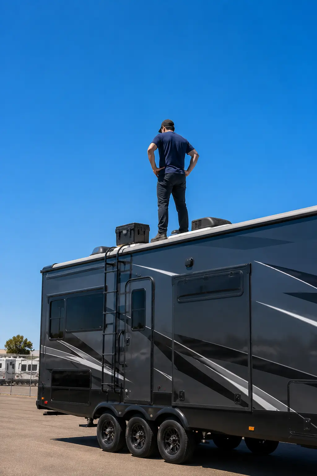 Sacramento RV Roof Leak and Sealant Repair On-Site RV roof leak repair technician sealing EPDM rubber roof at Sacramento CA campground near I-80