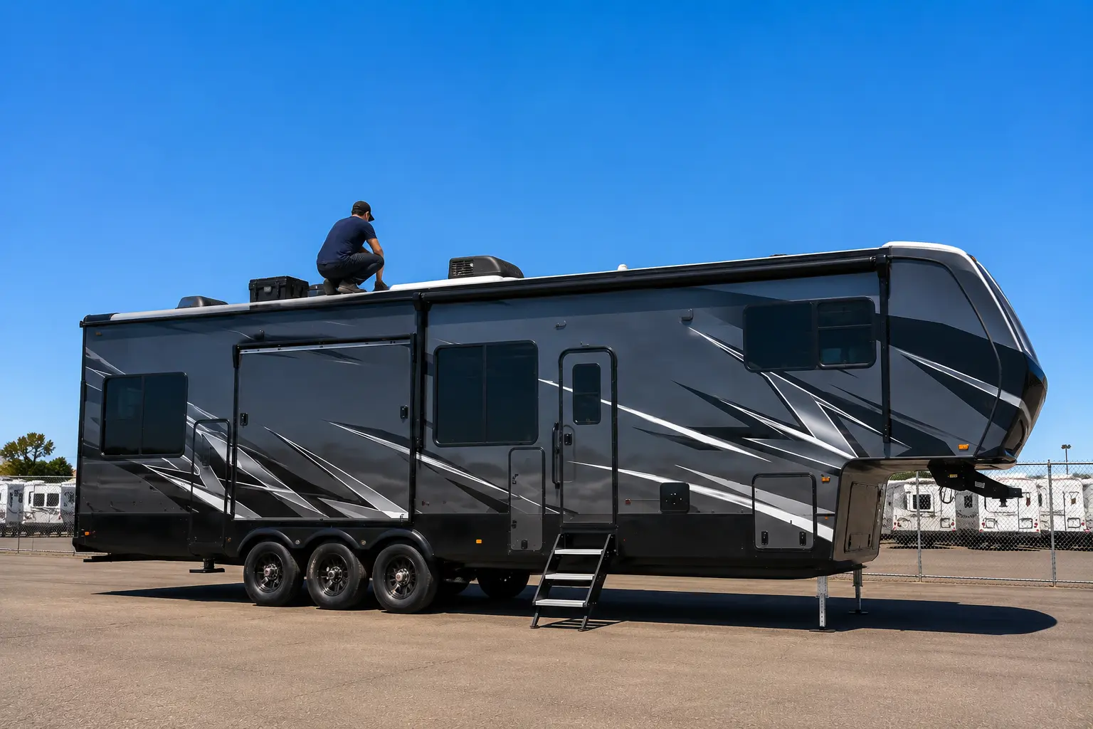 On-Site RV Roof Repair and Resealing Sacramento CA Mobile RV technician applying Dicor lap sealant to roof seams and vents in Sacramento California