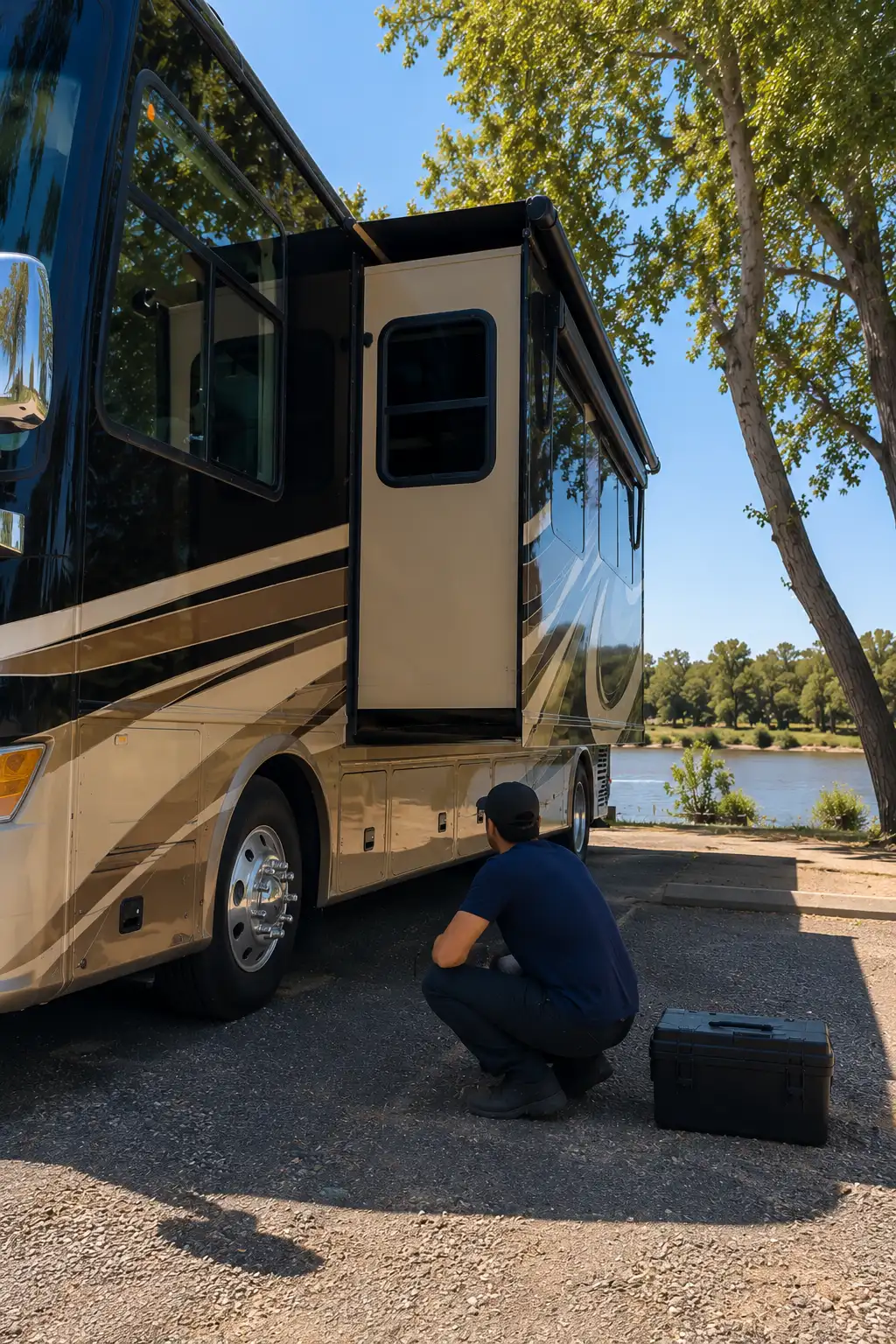 Sacramento RV Slide-Out Repair On-Site RV slide-out repair technician fixing stuck slide mechanism at campground near Sacramento CA