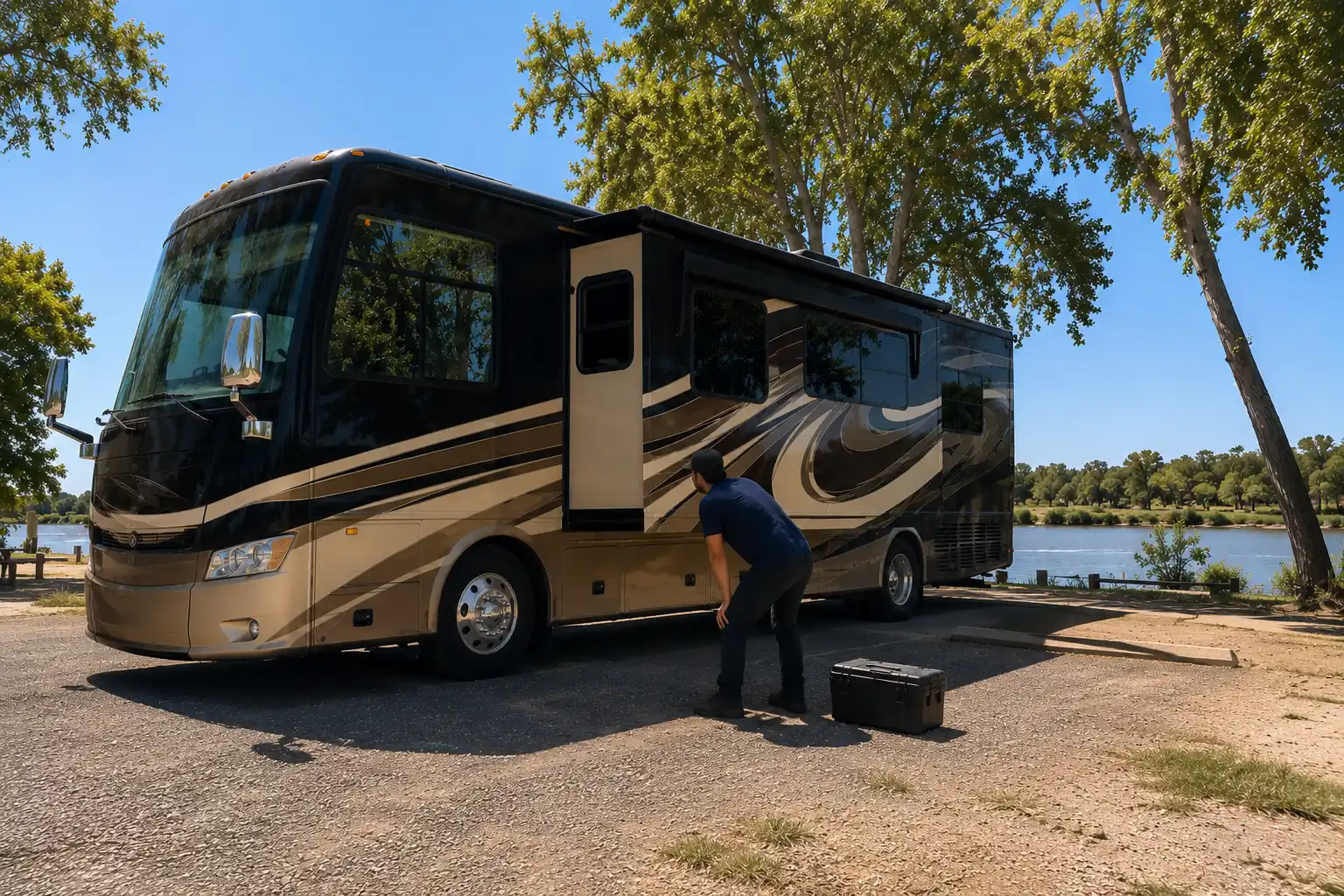 On-Site RV Slide-Out Repair Service Sacramento CA Mobile RV technician repairing Lippert slide motor and rack assembly near Sacramento California