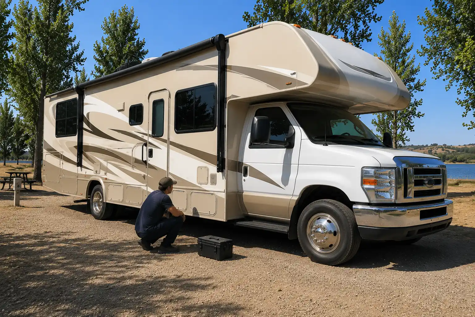 On-Site RV Electrical Repair Service Sacramento CA Mobile RV electrician troubleshooting battery and inverter system in Sacramento California